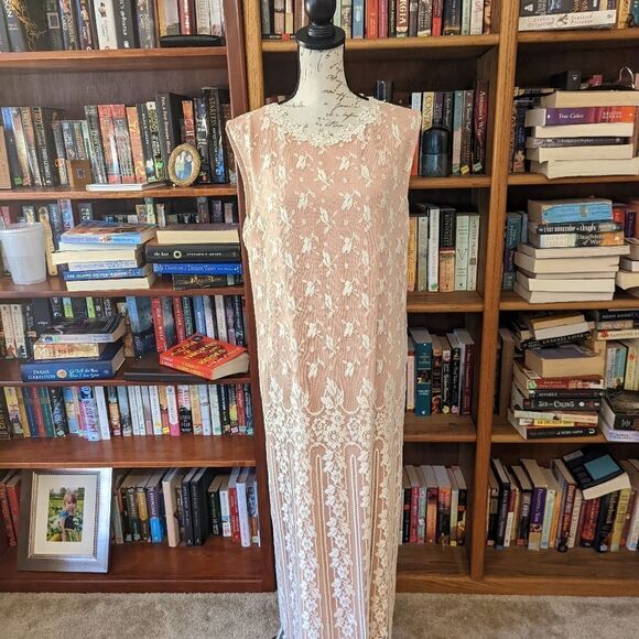 vintage 80s does 20s Jessica mclintock pink and ivory lace maxi dress sz m euc - Picture 5 of 9